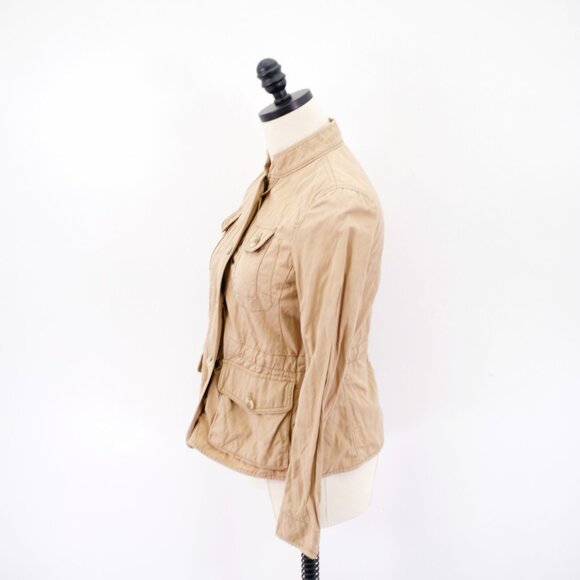 Ann Taylor Loft Canvas Zip + Button Front Pocket Jacket Mock Neck XSP Petite Tan - Picture 3 of 9